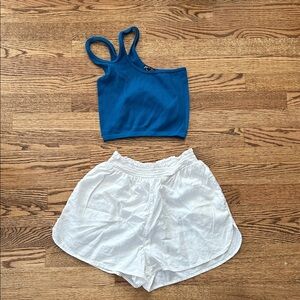 Zara Blue Top and Aerie White High Waist Shorts